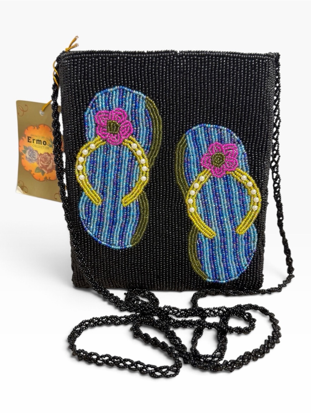 Ermo Collection Black Beaded Flip Flop Crossbody Bag Colorful Floral Purse NWT